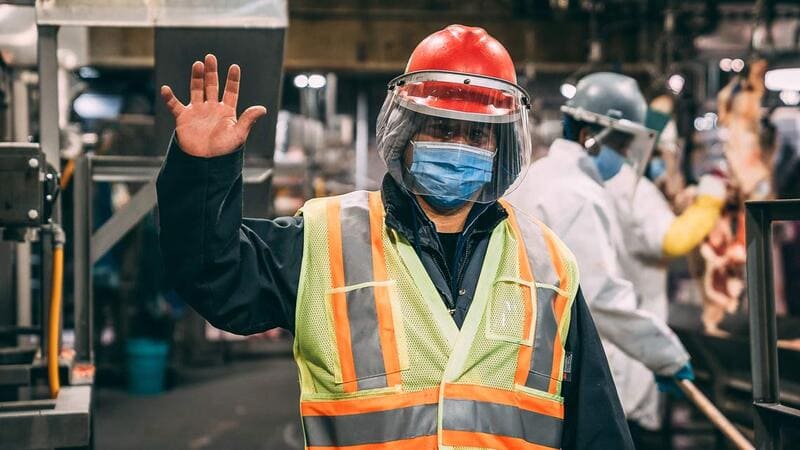 工厂工人穿着安全背心、安全帽、面罩和肉类加工蛋白CPS